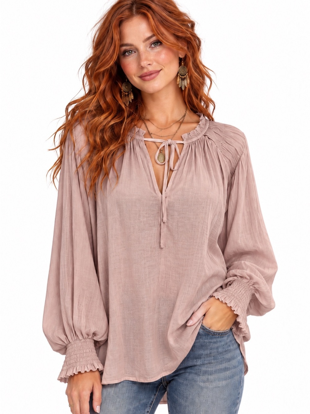 Women's Long-Sleeve Tie-Neck Peasant Tunic - Light Blush Large